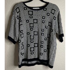 Vintage Womens Joan Leslie 1X Black Sequin Geometric Sweater Short Sleeve Career